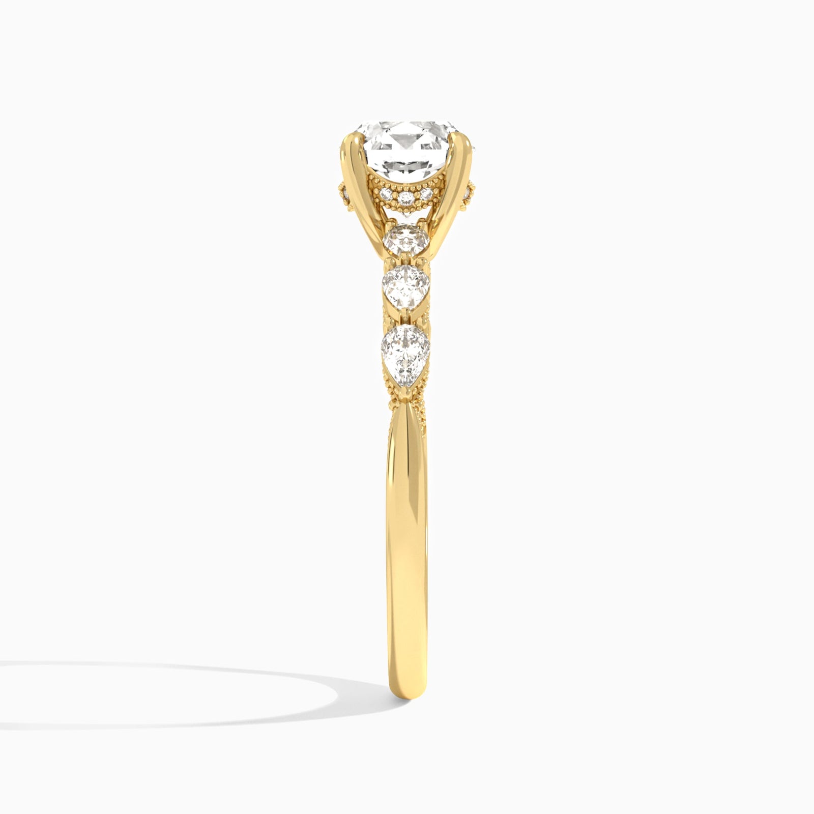 Round Crescent Pear Lab Diamond Engagement Ring In 18K Yellow Gold, Side View