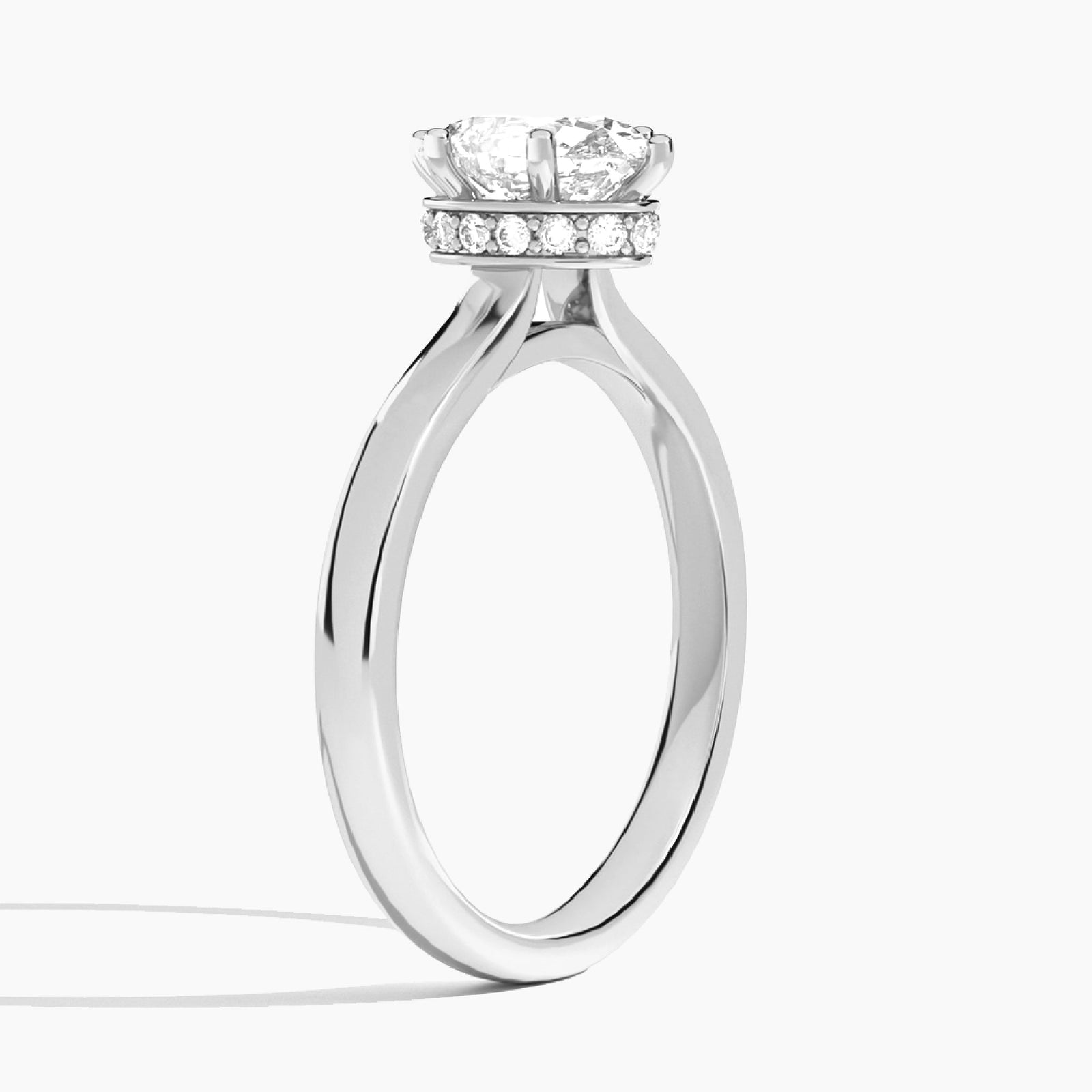 Oval Six-Prong Hidden Halo Lab Diamond Engagement Ring In 14K White Gold, Angle View