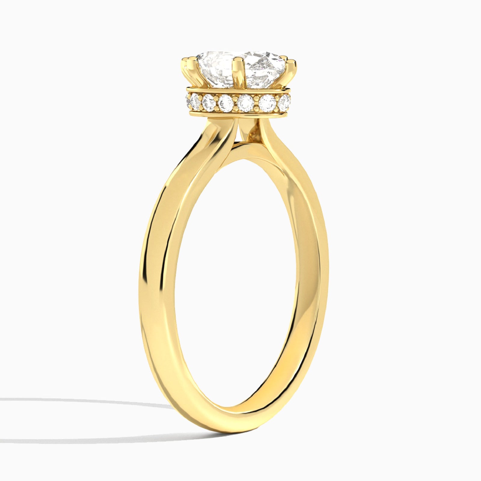 Oval Six-Prong Hidden Halo Lab Diamond Engagement Ring In 18K Yellow Gold, Angle View