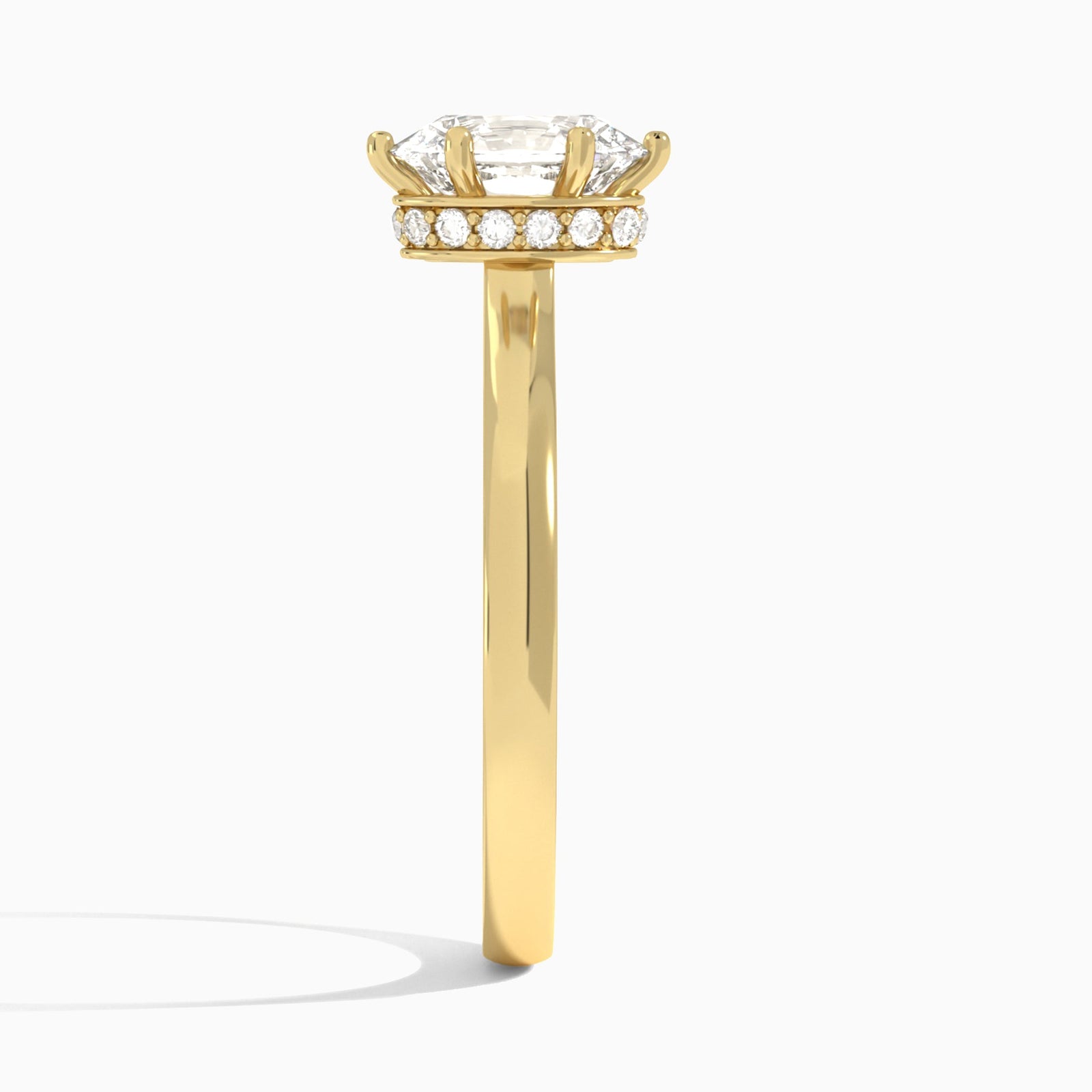 Oval Six-Prong Hidden Halo Lab Diamond Engagement Ring In 18K Yellow Gold, Side View