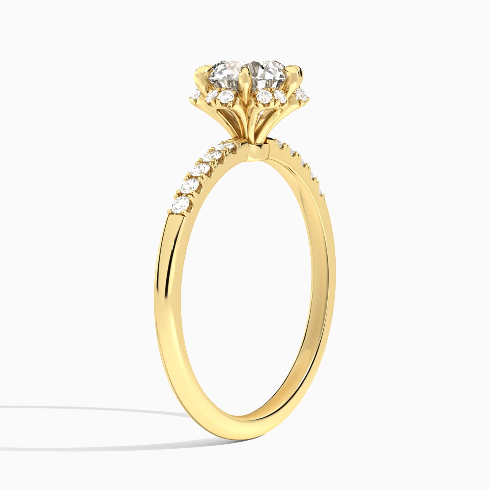 Round Alya Halo Lab Grown Diamond Engagement Ring In 14K Yellow Gold, Angle View