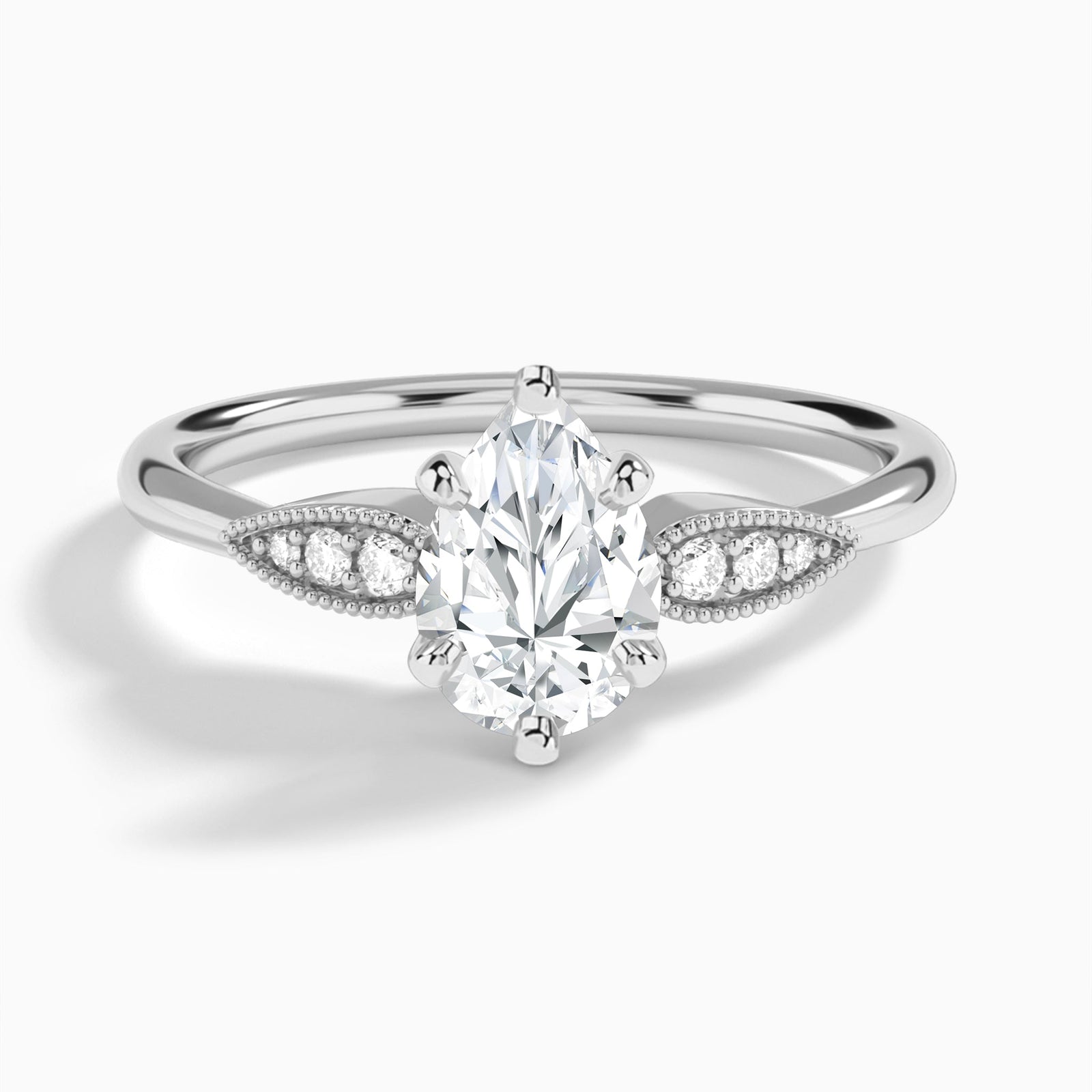 Pear Perfect Fit Six Side Stone Lab Diamond Engagement Ring In 14K White Gold - Lucenjuri