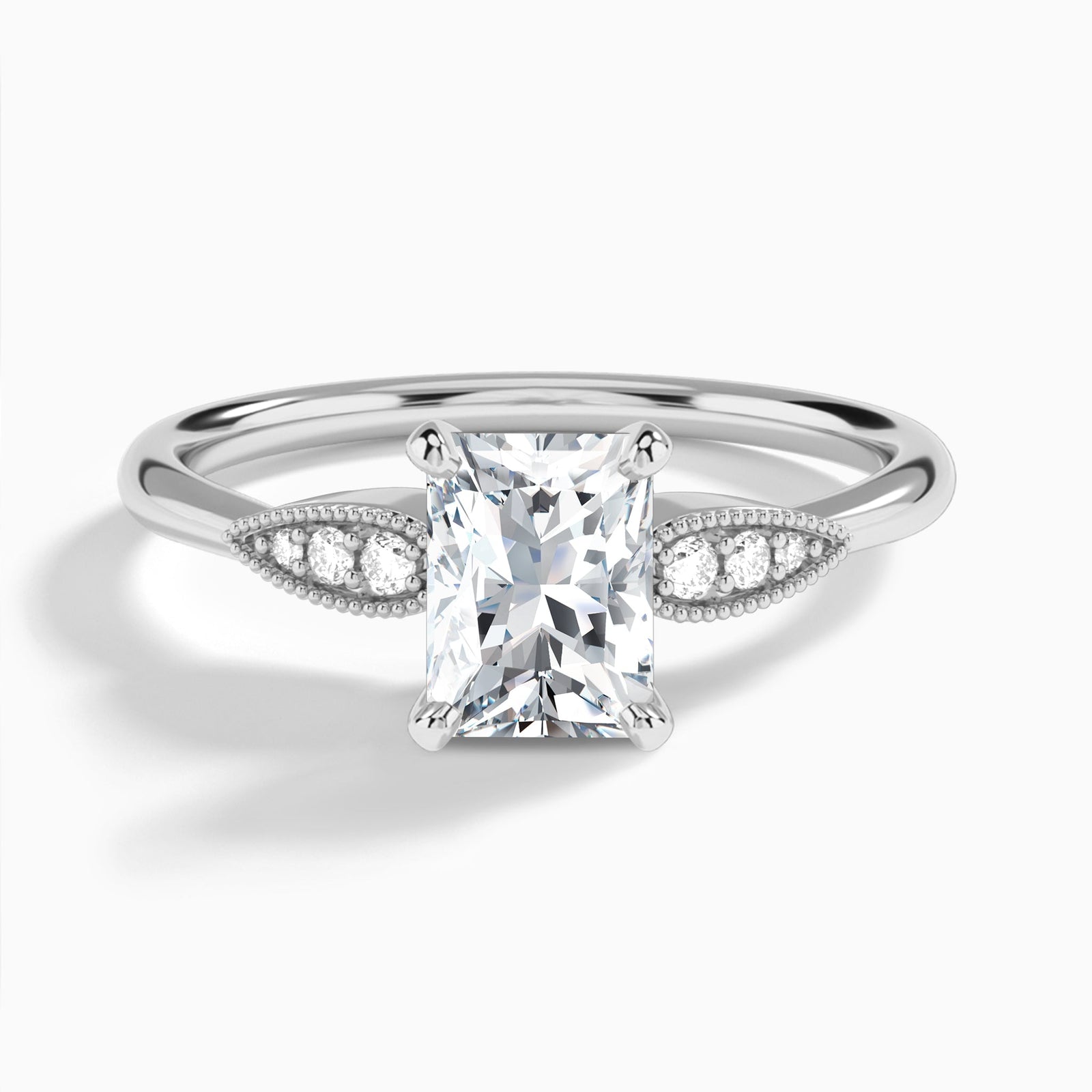 Radiant Perfect Fit Six Side Stone Lab Diamond Engagement Ring In 14K White Gold - Lucenjuri