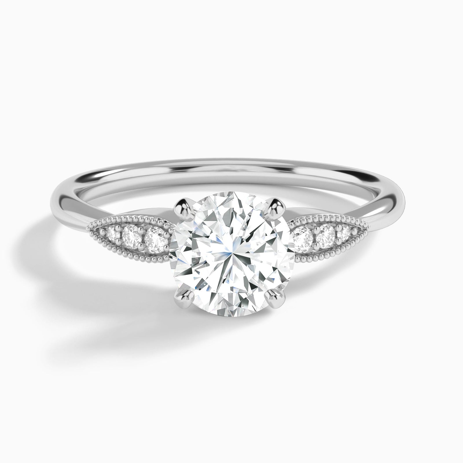 Round Perfect Fit Six Side Stone Lab Diamond Engagement Ring In 18K White Gold - Lucenjuri
