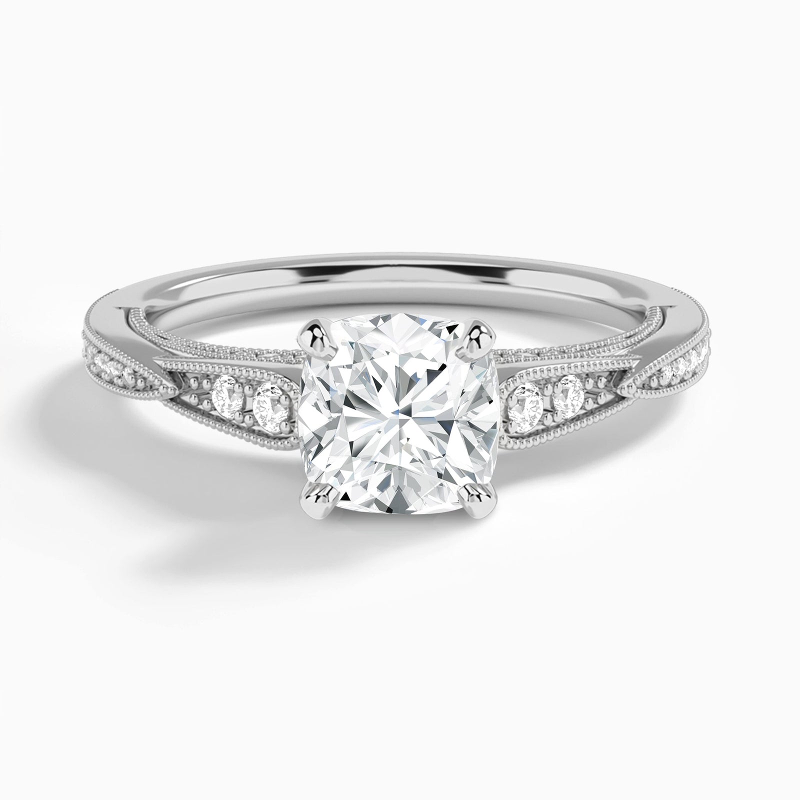 Cushion Milgrain Scalloped Lab Diamond Engagement Ring In 14K White Gold - Lucenjuri
