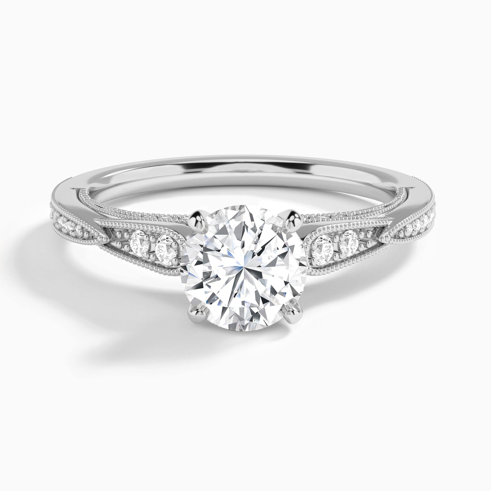 Round Milgrain Scalloped Lab Diamond Engagement Ring In 18K White Gold - Lucenjuri