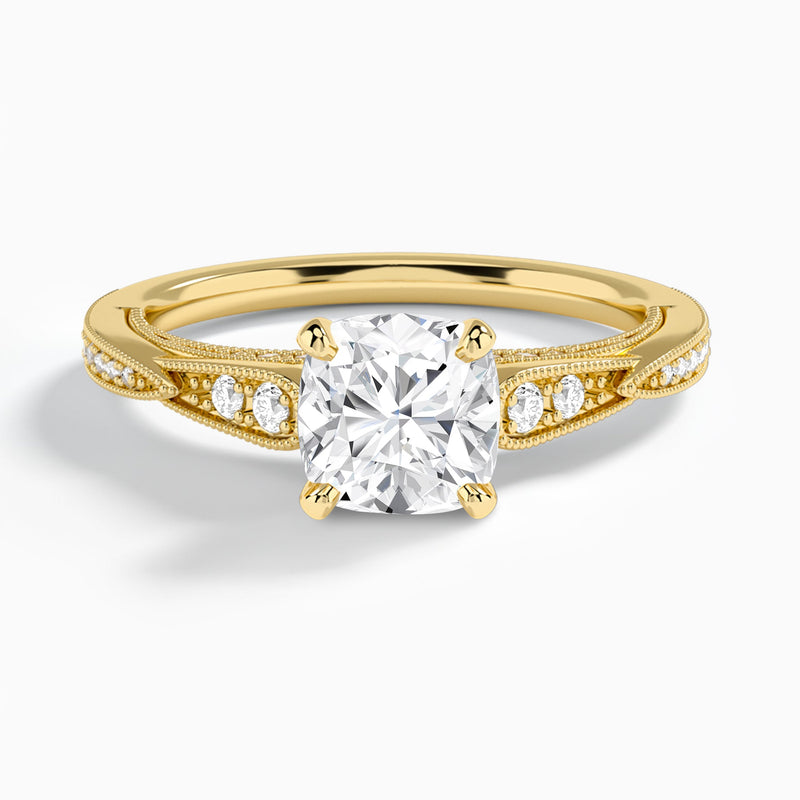 Cushion Milgrain Scalloped Lab Diamond Engagement Ring In 14K Yellow Gold - Lucenjuri