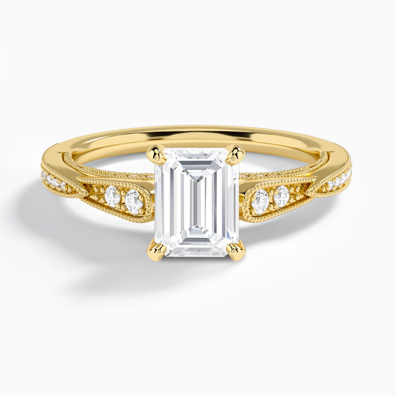 Emerald Milgrain Scalloped Lab Diamond Engagement Ring In 14K Yellow Gold - Lucenjuri
