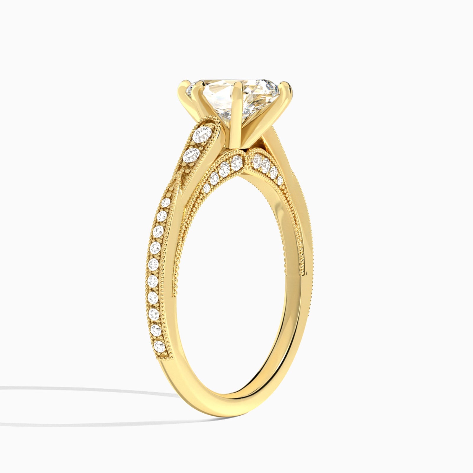 Pear Milgrain Scalloped Lab Diamond Engagement Ring In 14K Yellow Gold, Angle View