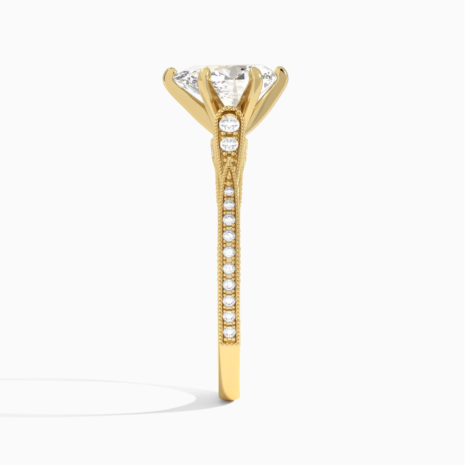 Pear Milgrain Scalloped Lab Diamond Engagement Ring In 14K Yellow Gold, Side View
