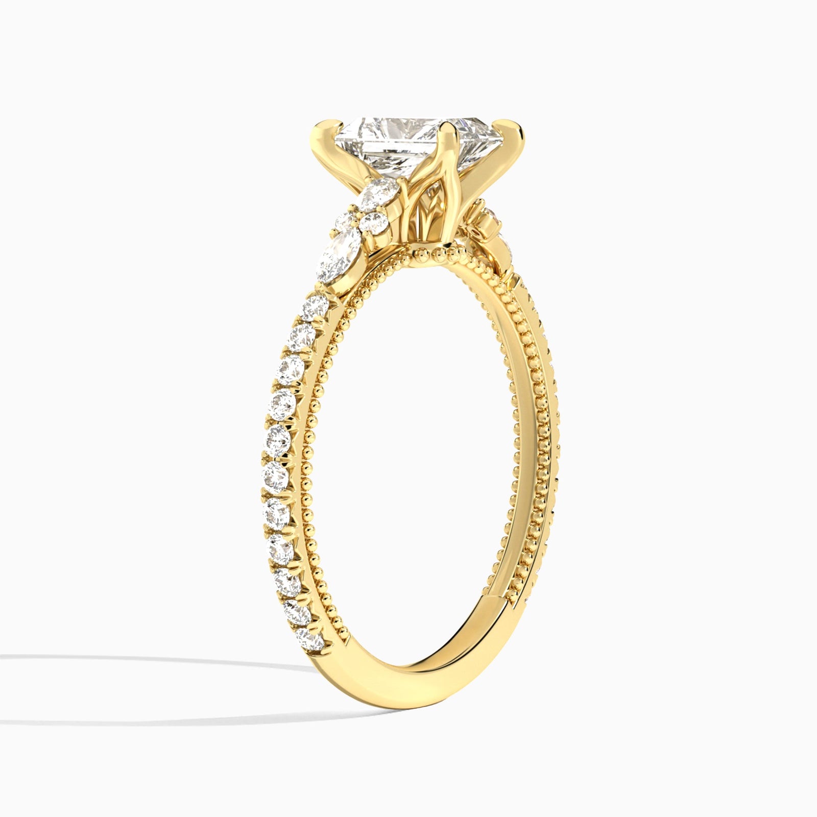 Radiant Celestia Lab Grown Diamond Engagement Ring In 14K Yellow Gold, Angle View