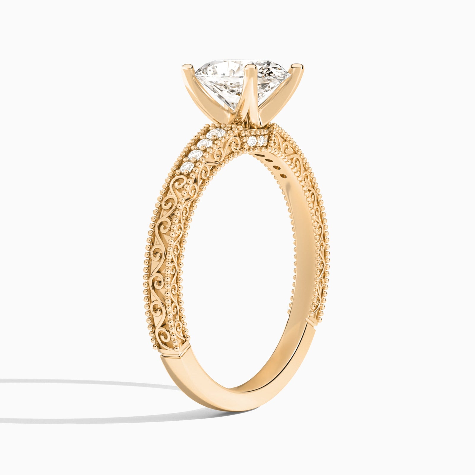 Oval Luxe Engraved Lab Diamond Engagement Ring In 14K Rose Gold, Angle View