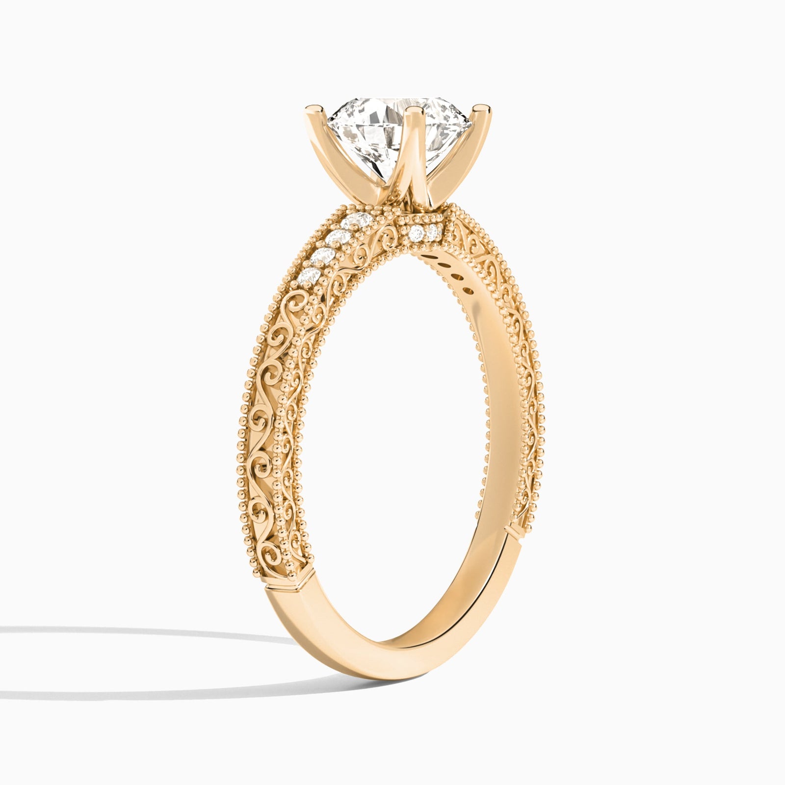 Round Luxe Engraved Lab Diamond Engagement Ring In 14K Rose Gold, Angle View