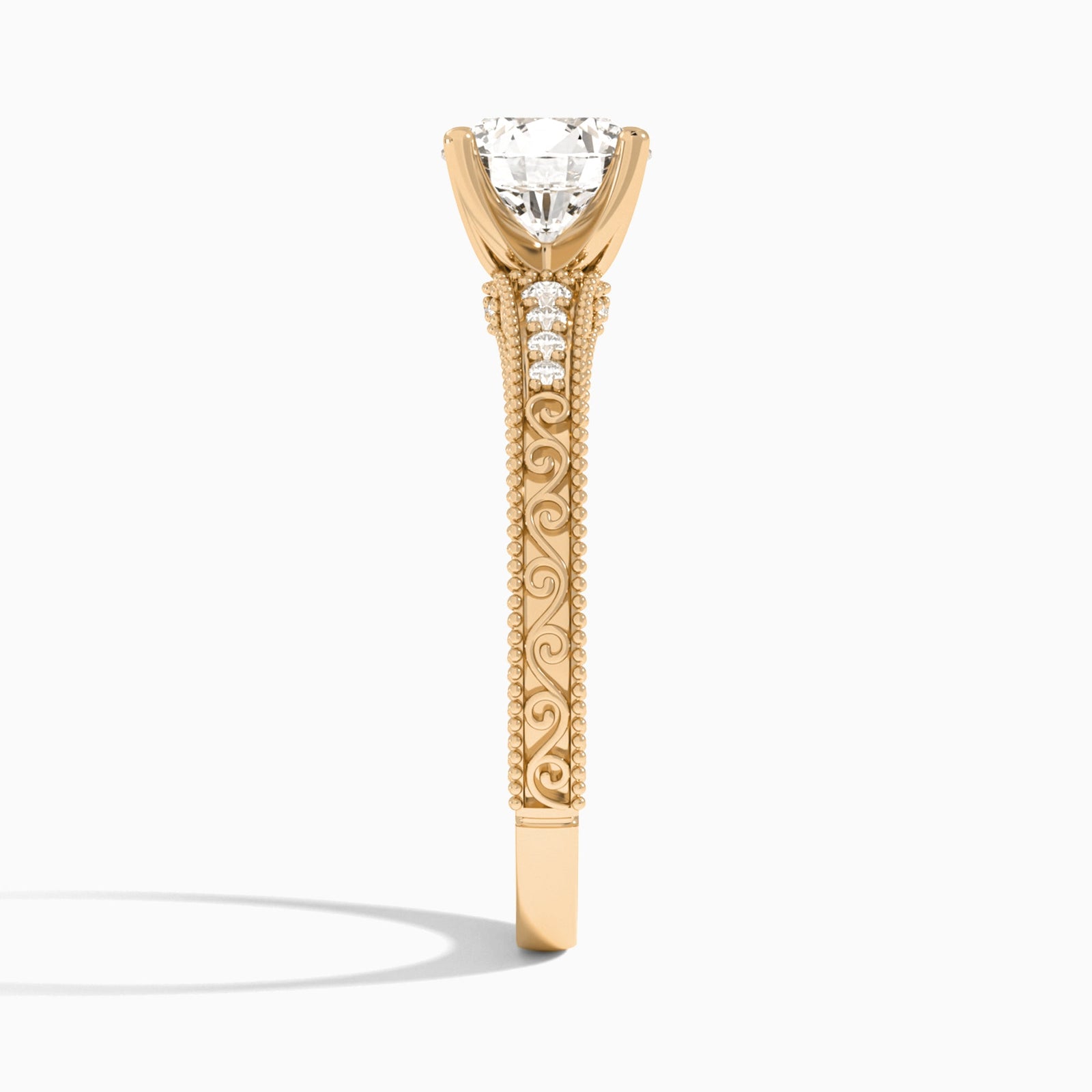 Round Luxe Engraved Lab Diamond Engagement Ring In 14K Rose Gold, Side View