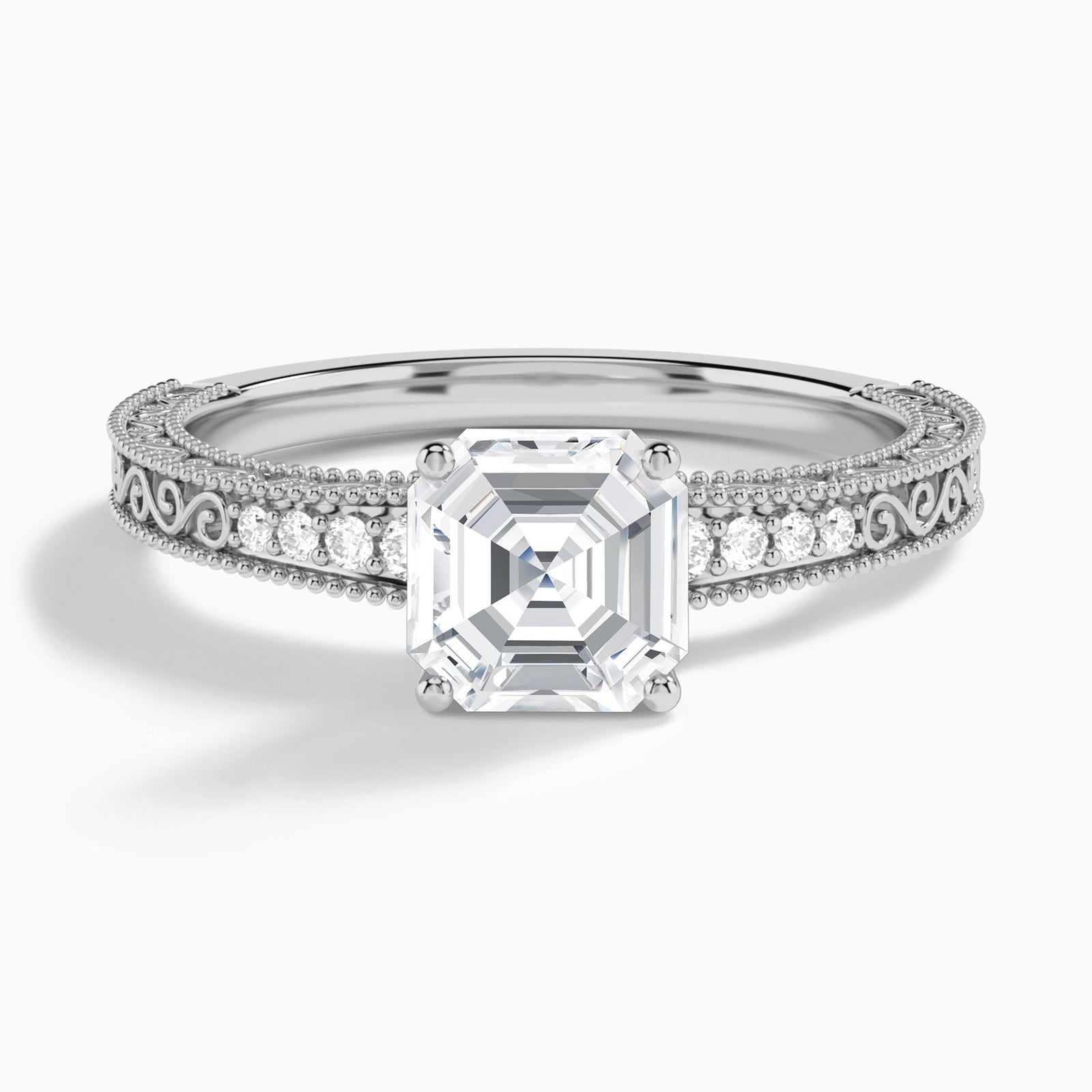 Asscher Luxe Engraved Lab Diamond Engagement Ring In 18K White Gold - Lucenjuri
