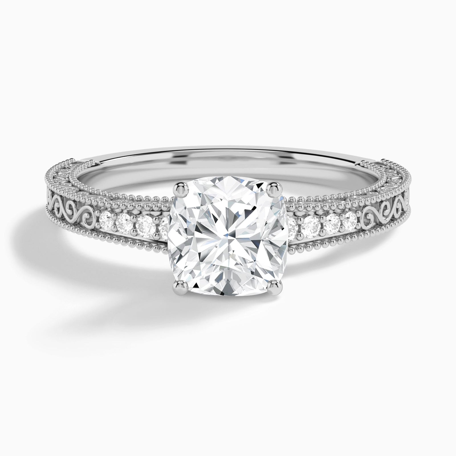 Cushion Luxe Engraved Lab Diamond Engagement Ring In 14K White Gold - Lucenjuri