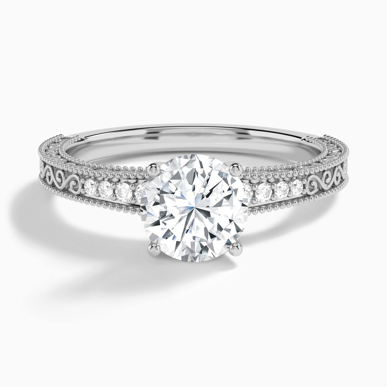 Round Luxe Engraved Lab Diamond Engagement Ring In 18K White Gold - Lucenjuri
