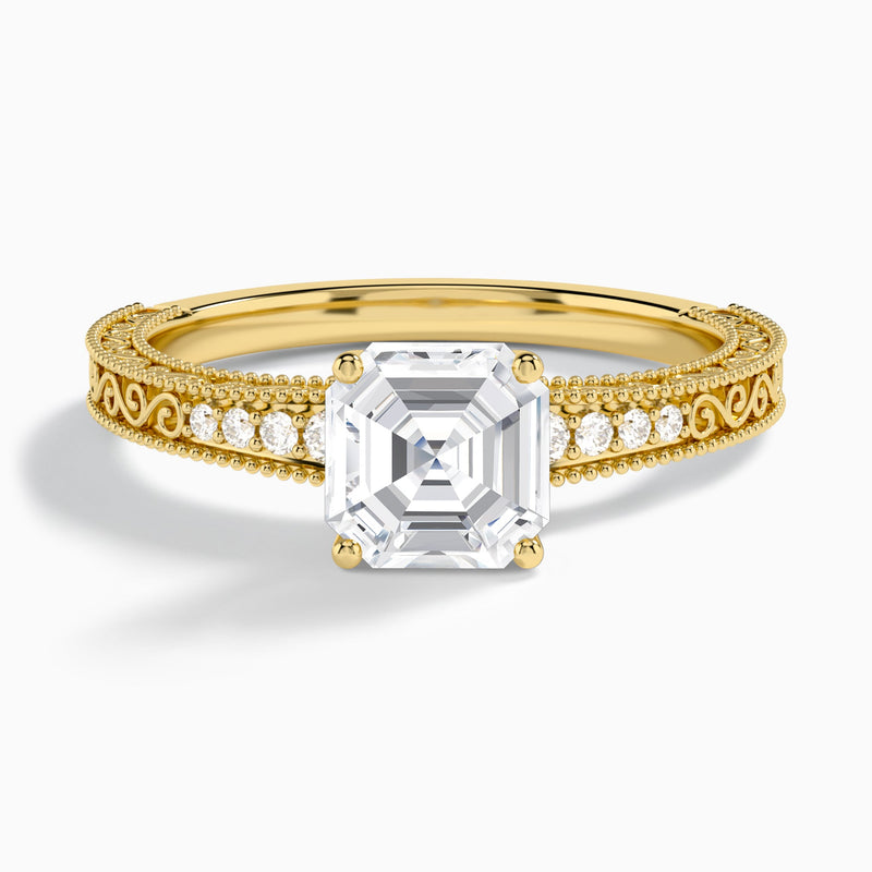 Asscher Luxe Engraved Lab Diamond Engagement Ring In 14K Yellow Gold - Lucenjuri