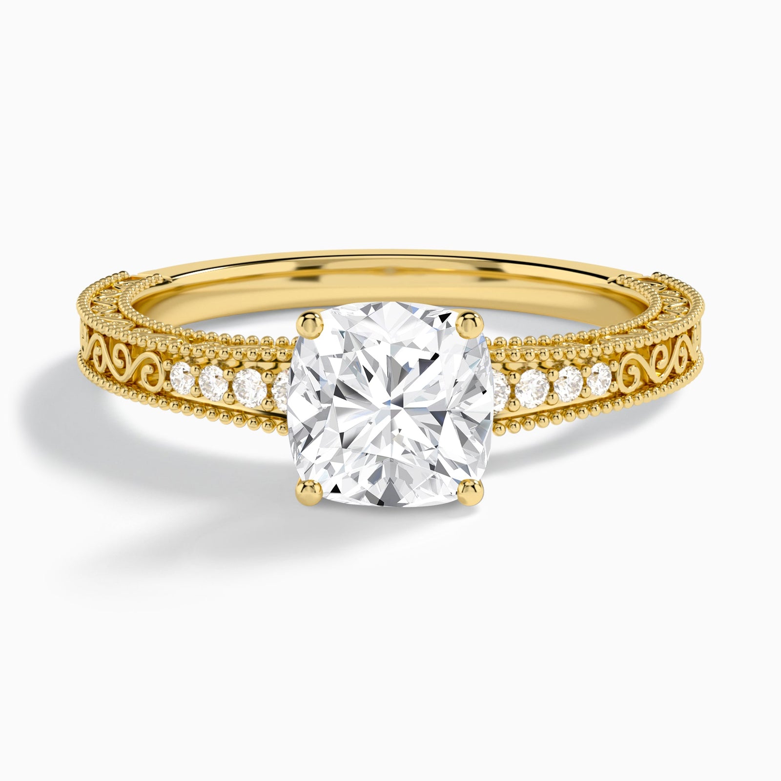 Cushion Luxe Engraved Lab Diamond Engagement Ring In 14K Yellow Gold - Lucenjuri