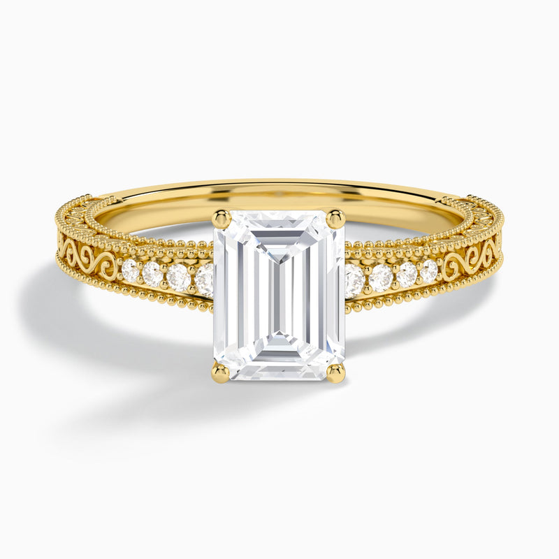 Emerald Luxe Engraved Lab Diamond Engagement Ring In 14K Yellow Gold - Lucenjuri