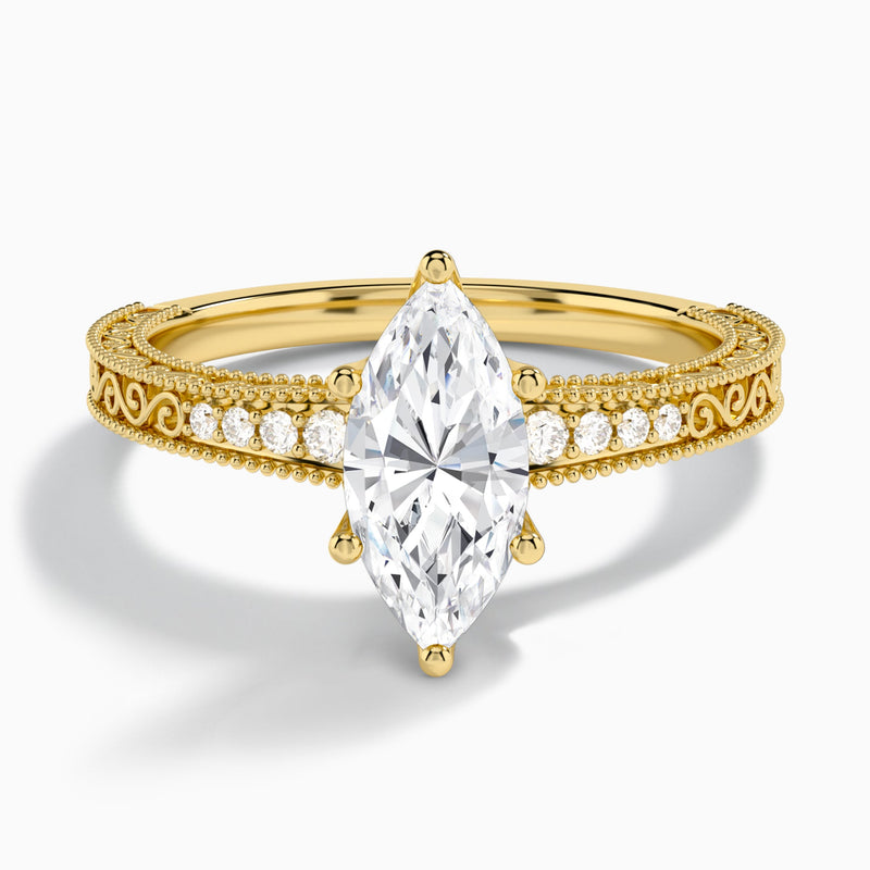 Marquise Luxe Engraved Lab Diamond Engagement Ring In 14K Yellow Gold - Lucenjuri