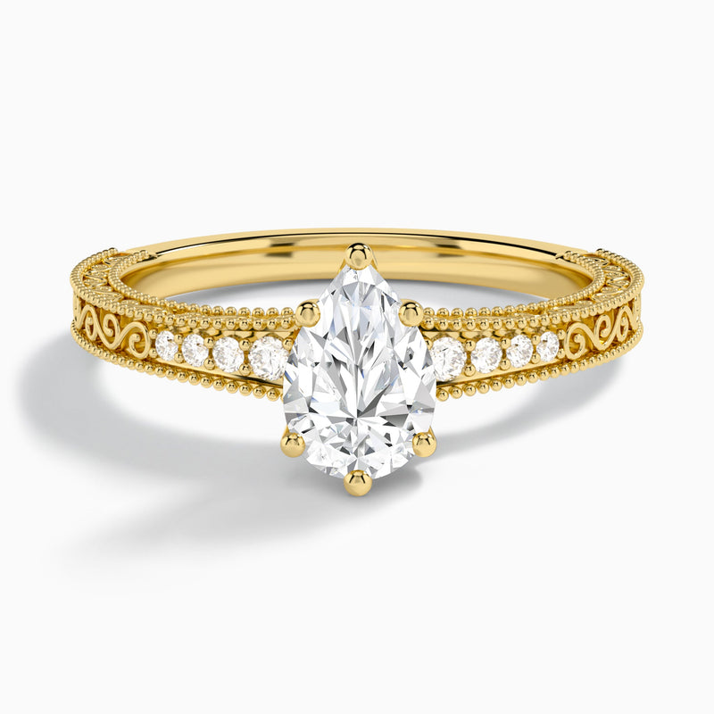 Pear Luxe Engraved Lab Diamond Engagement Ring In 14K Yellow Gold - Lucenjuri