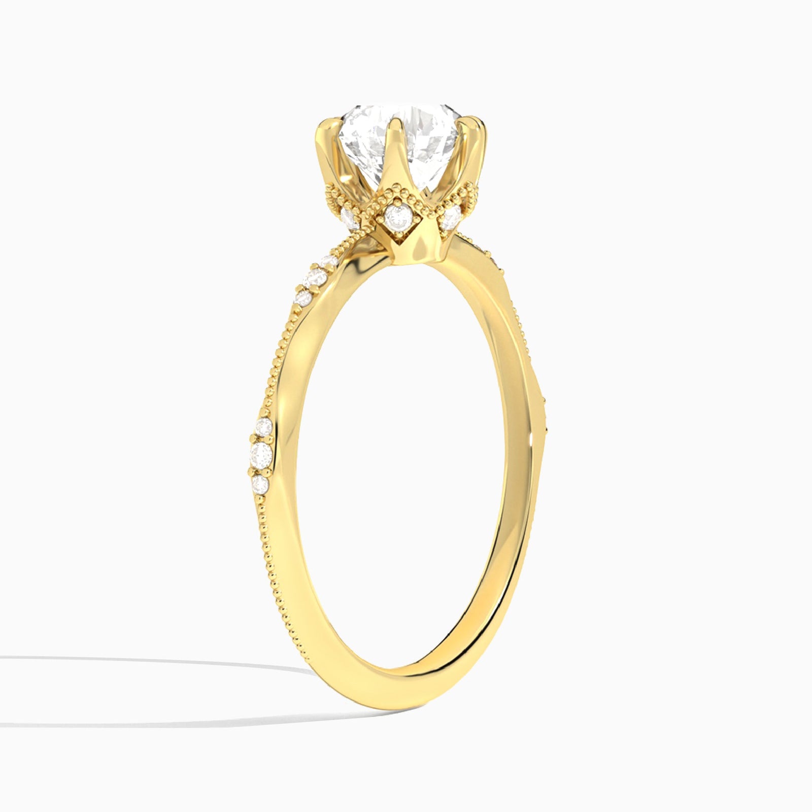 Round Aurora Lab Grown Diamond Engagement Ring In 18K Yellow Gold, Angle View