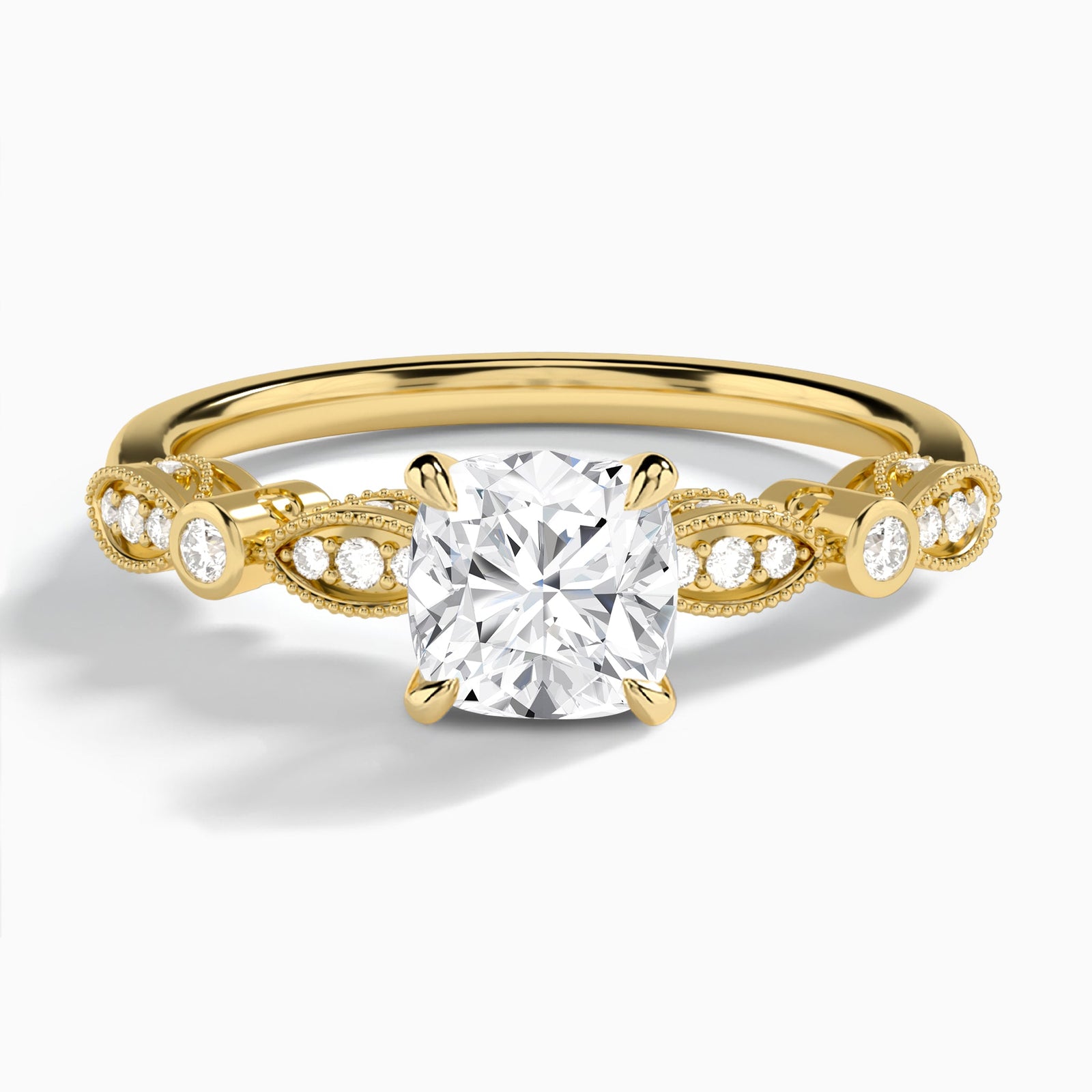Cushion Infinito Bezel And Pavé Set Engagement Ring In 14K Yellow Gold - Lucenjuri