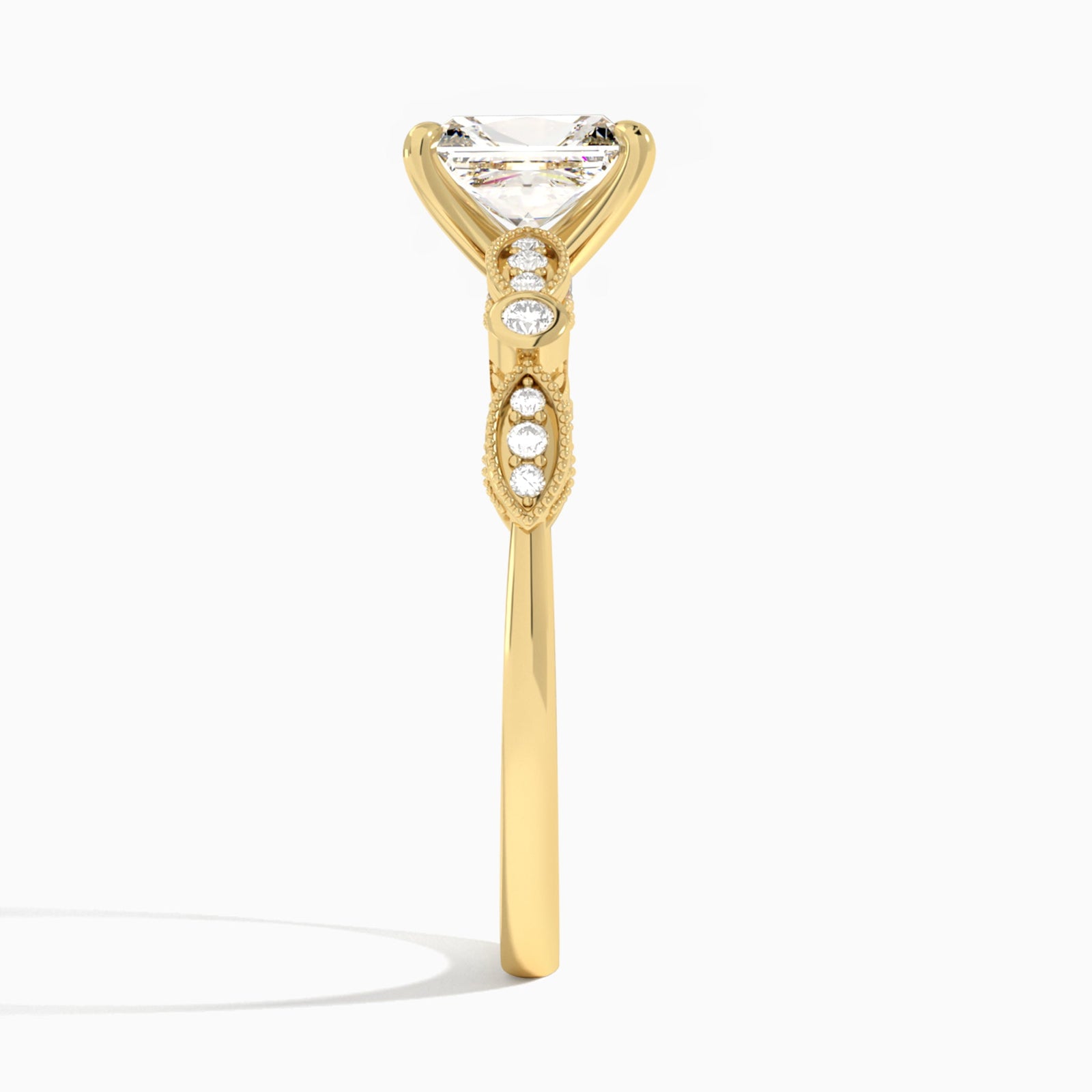 Radiant Infinito Bezel And Pavé Set Engagement Ring In 14K Yellow Gold, Side View