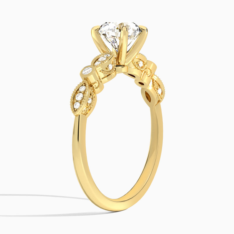 Round Infinito Bezel And Pavé Set Engagement Ring In 14K Yellow Gold, Angle View