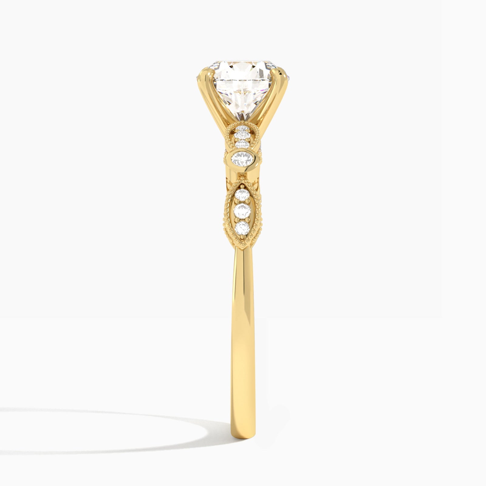 Round Infinito Bezel And Pavé Set Engagement Ring In 18K Yellow Gold, Side View