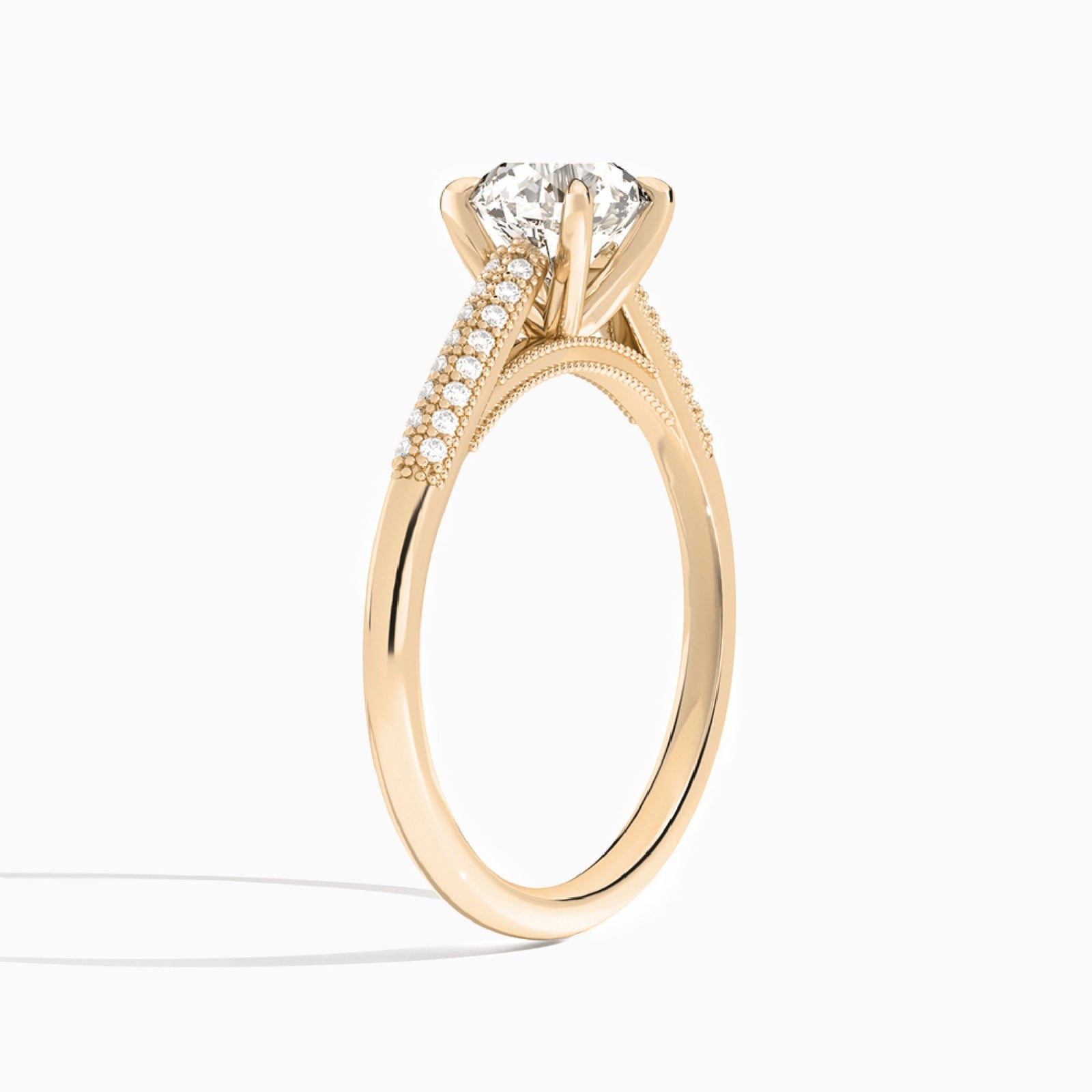 Round Knife Edge Cathedral Lab Diamond Engagement Ring In 14K Rose Gold, Angle View