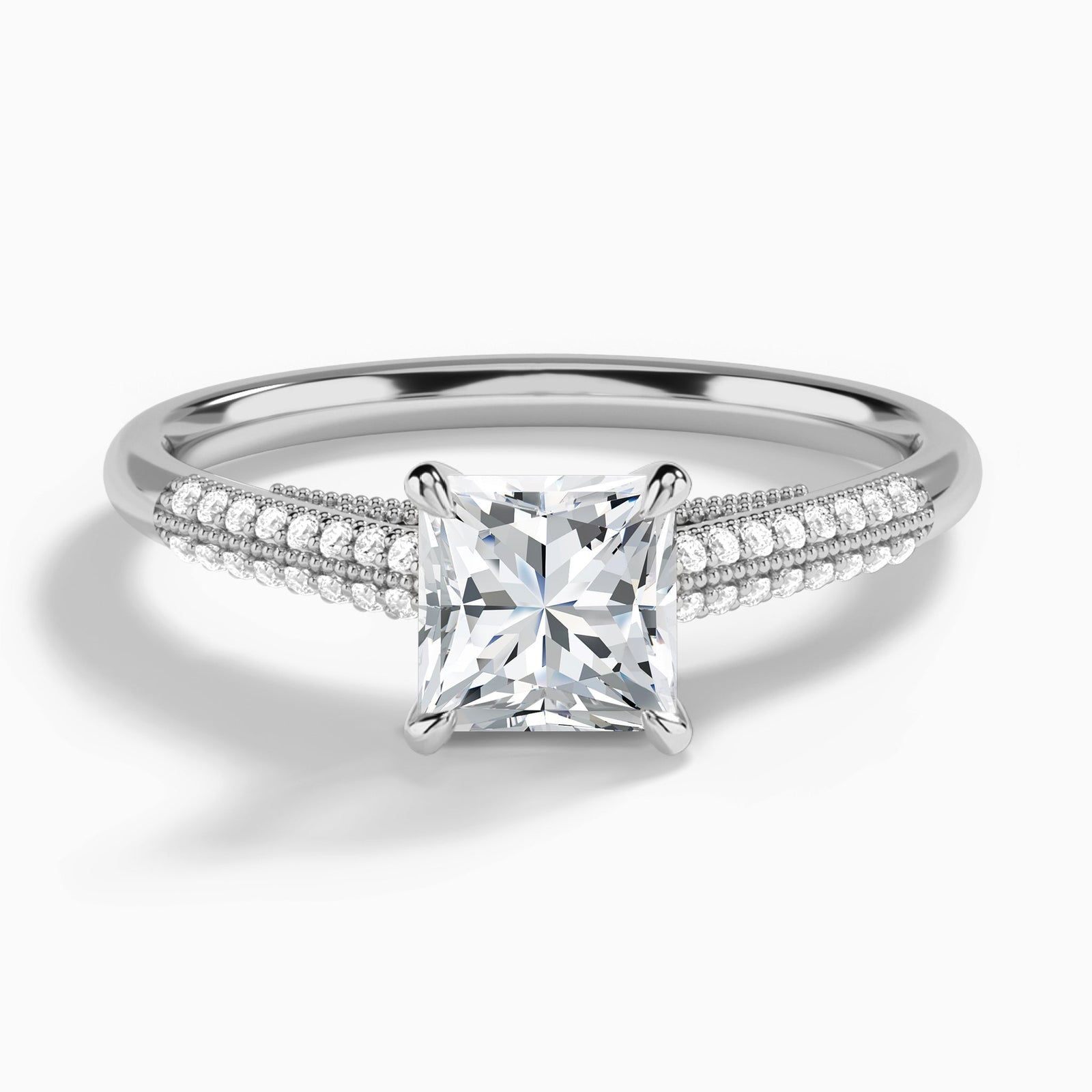 Princess Knife Edge Cathedral Lab Diamond Engagement Ring In 18K White Gold - Lucenjuri