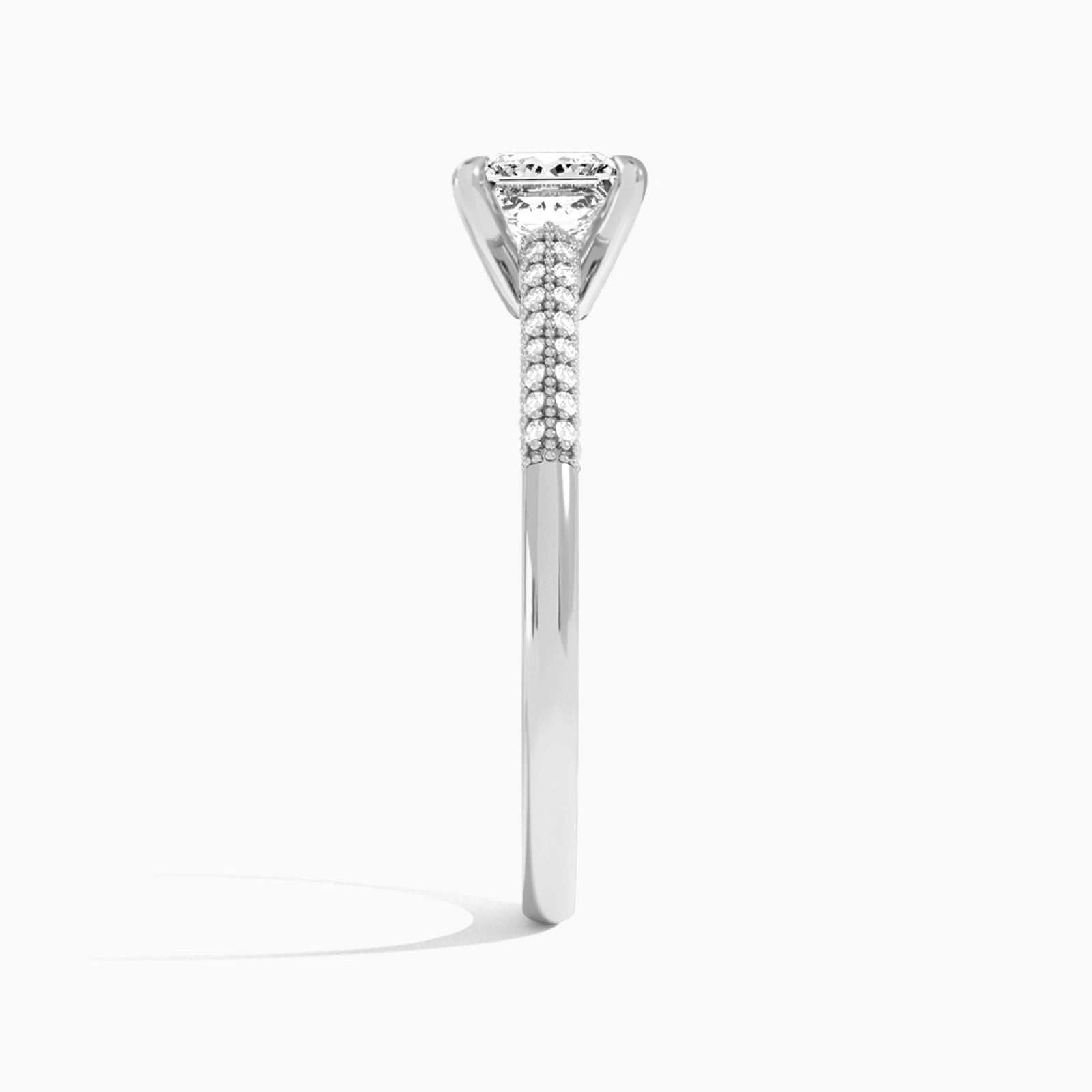 Princess Knife Edge Cathedral Lab Diamond Engagement Ring In 18K White Gold, Side View