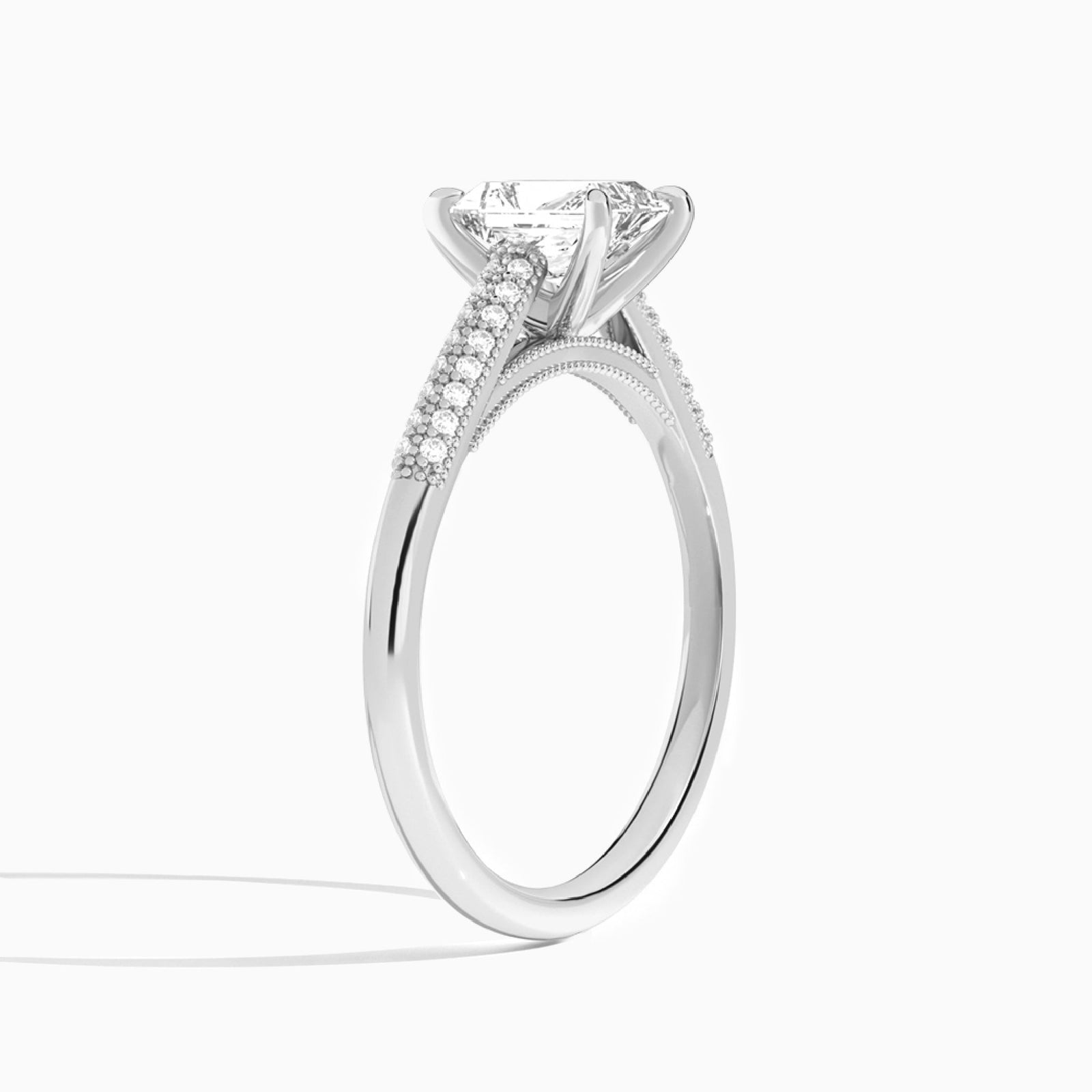 Radiant Knife Edge Cathedral Lab Diamond Engagement Ring In 14K White Gold, Angle View