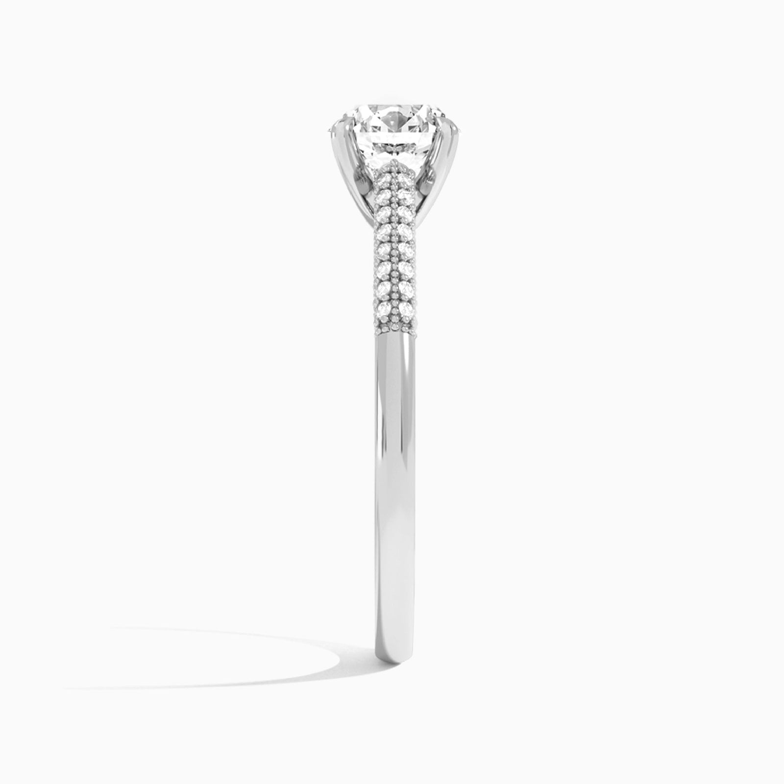 Round Knife Edge Cathedral Lab Diamond Engagement Ring In 18K White Gold, Side View