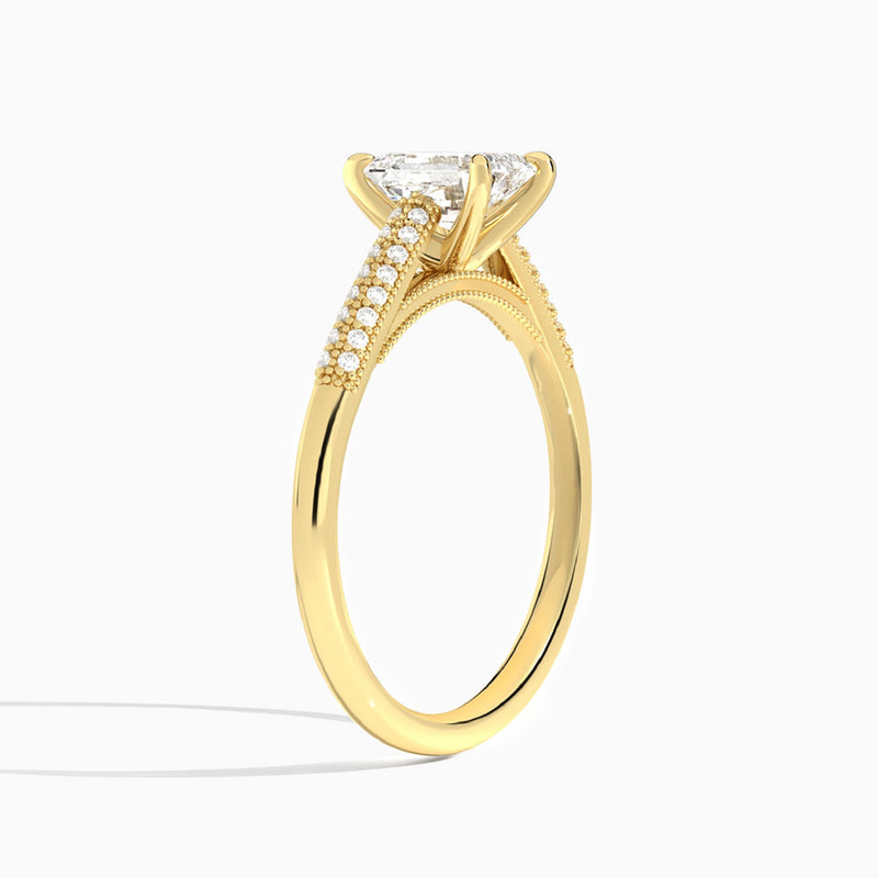 Emerald Knife Edge Cathedral Lab Diamond Engagement Ring In 14K Yellow Gold, Angle View