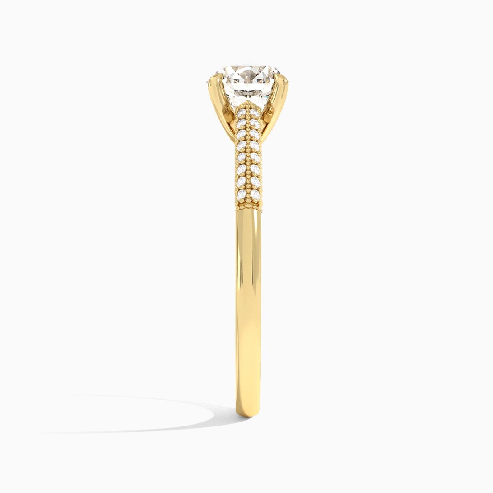 Round Knife Edge Cathedral Lab Diamond Engagement Ring In 18K Yellow Gold, Side View