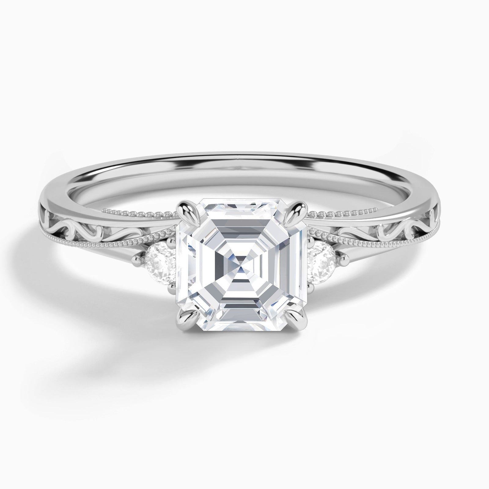 Asscher Capella Engraved Lab Diamond Engagement Ring In 18K White Gold - Lucenjuri
