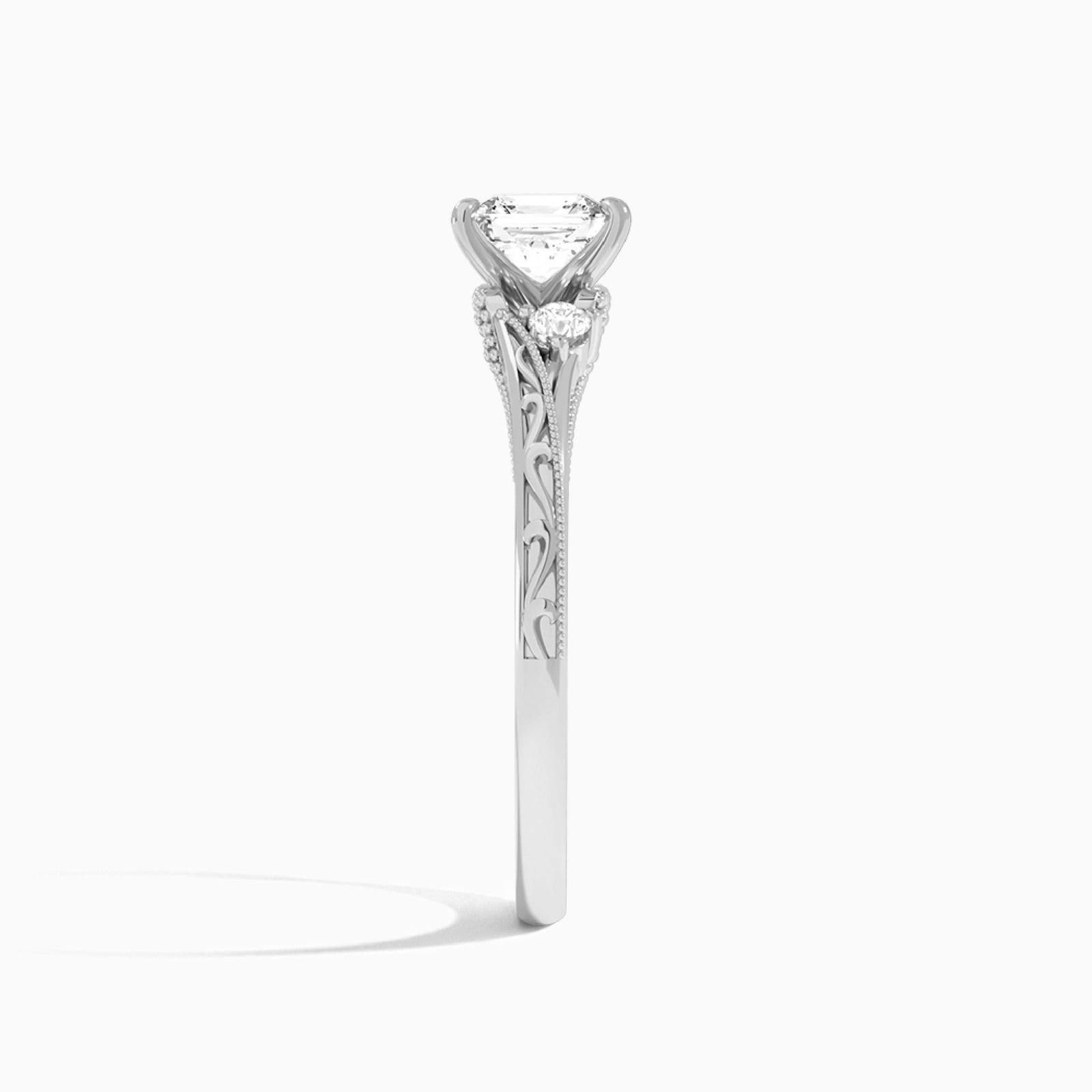 Asscher Capella Engraved Lab Diamond Engagement Ring In 18K White Gold, Side View