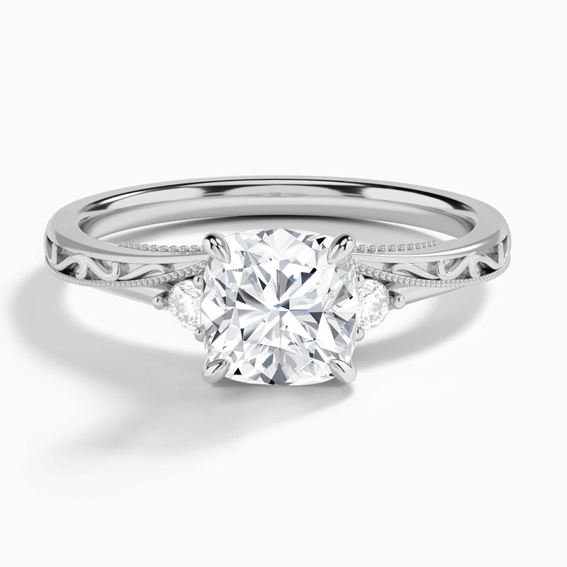 Cushion Capella Engraved Lab Diamond Engagement Ring In 14K White Gold - Lucenjuri