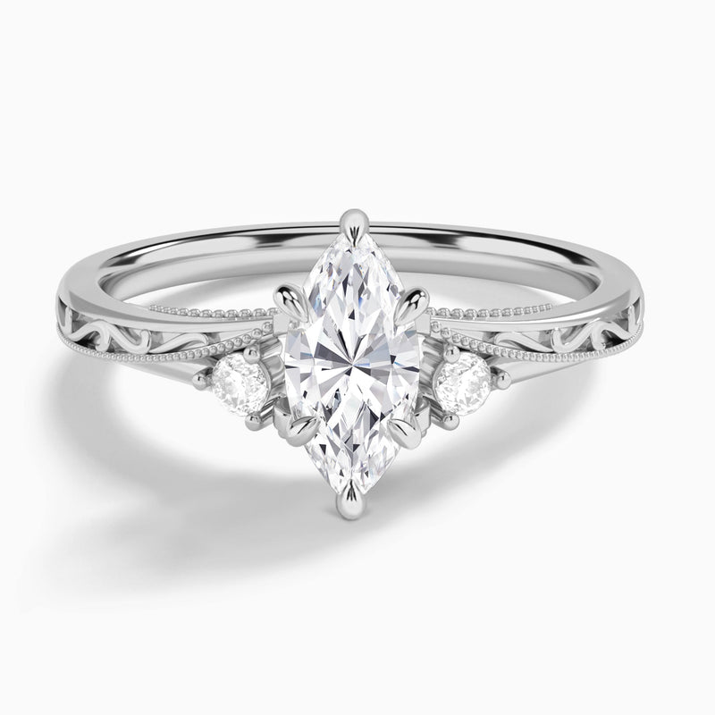 Marquise Capella Engraved Lab Diamond Engagement Ring In 14K White Gold - Lucenjuri