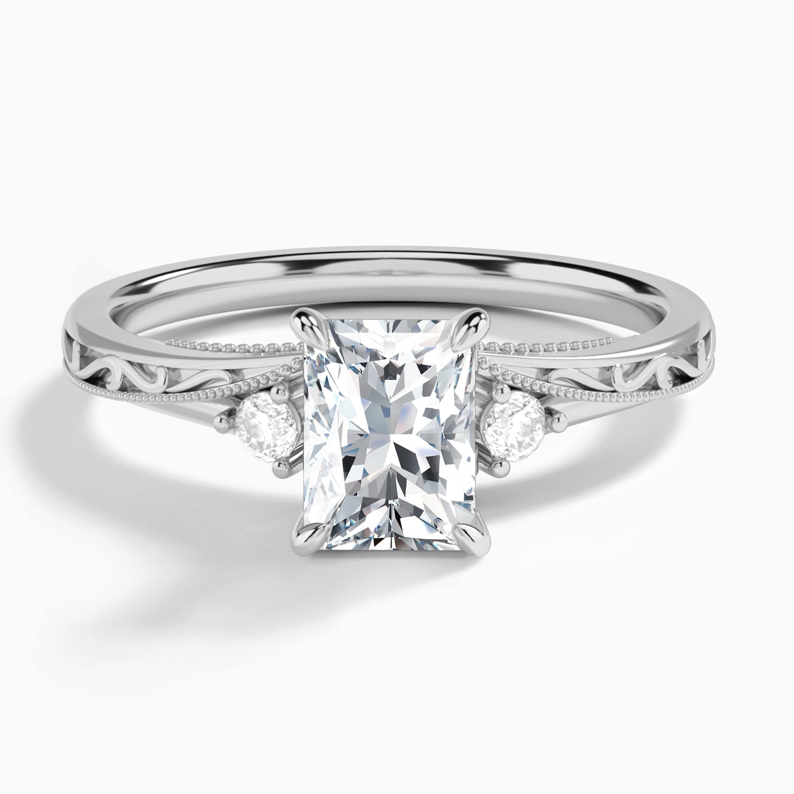 Radiant Capella Engraved Lab Diamond Engagement Ring In 14K White Gold - Lucenjuri