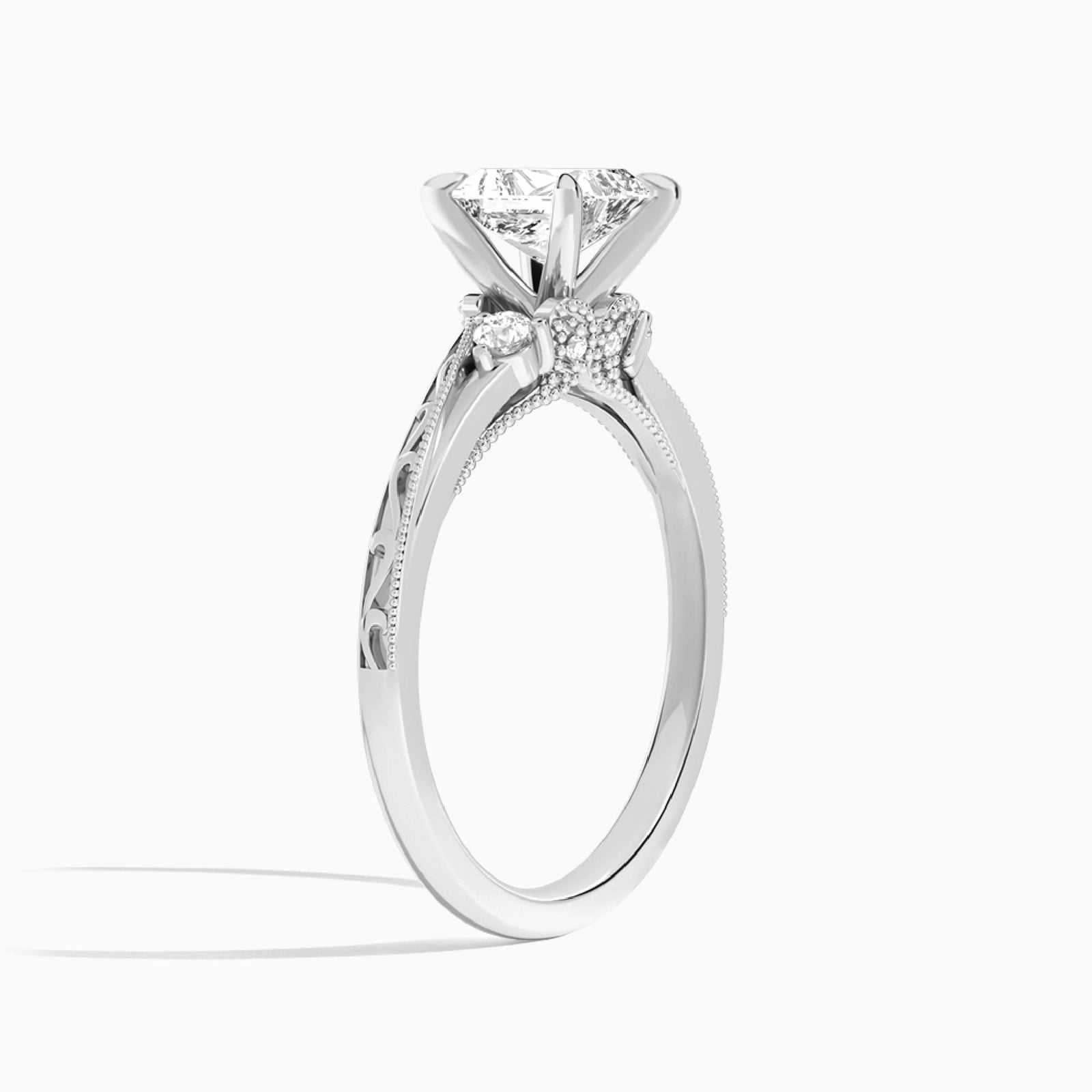 Radiant Capella Engraved Lab Diamond Engagement Ring In 14K White Gold, Angle View