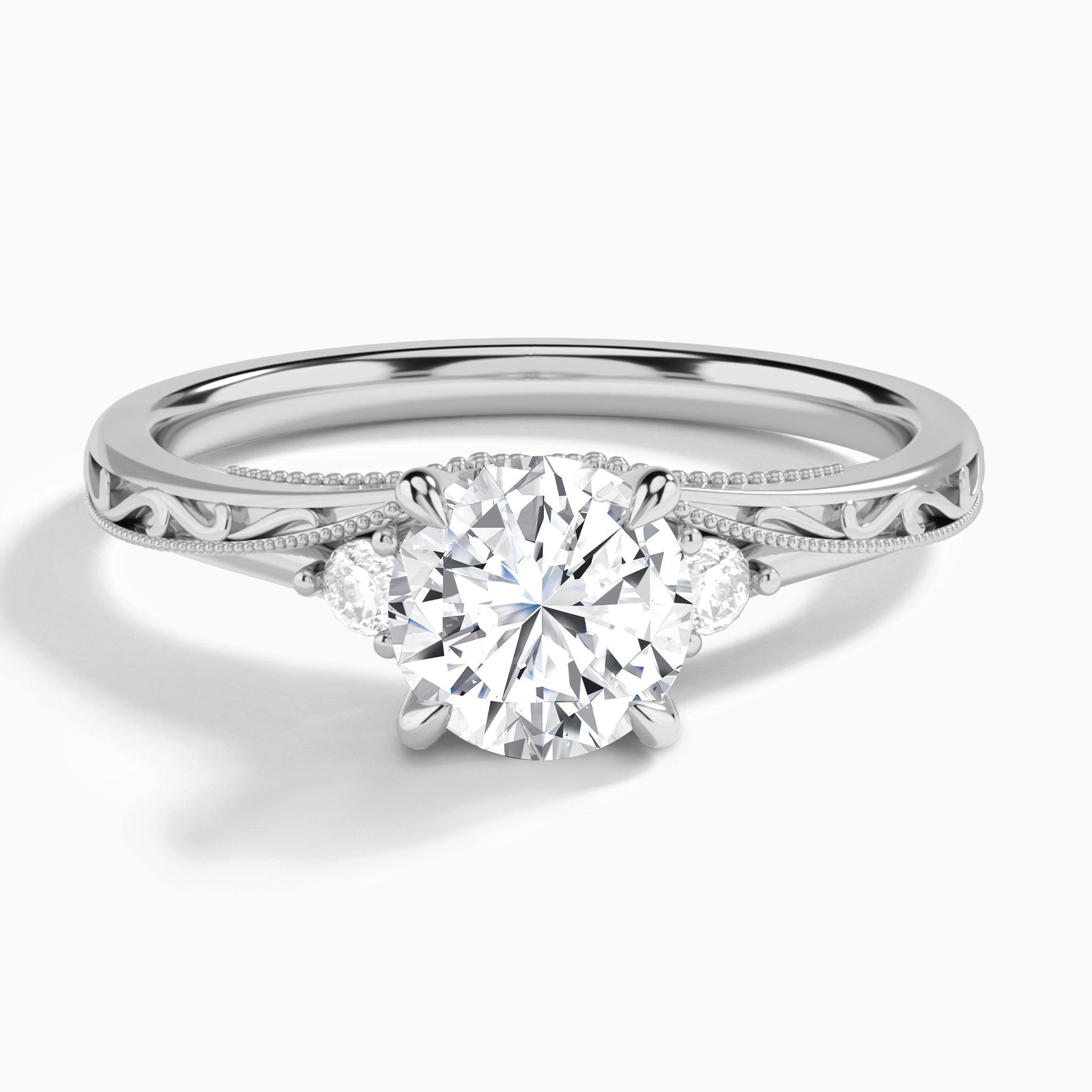 Round Capella Engraved Lab Diamond Engagement Ring In 14K White Gold - Lucenjuri