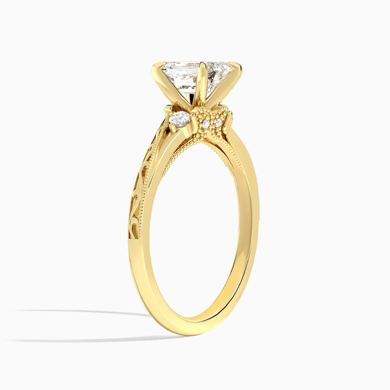 Emerald Capella Engraved Lab Diamond Engagement Ring In 14K Yellow Gold, Angle View