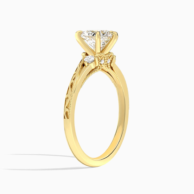 Heart Capella Engraved Lab Diamond Engagement Ring In 14K Yellow Gold, Angle View