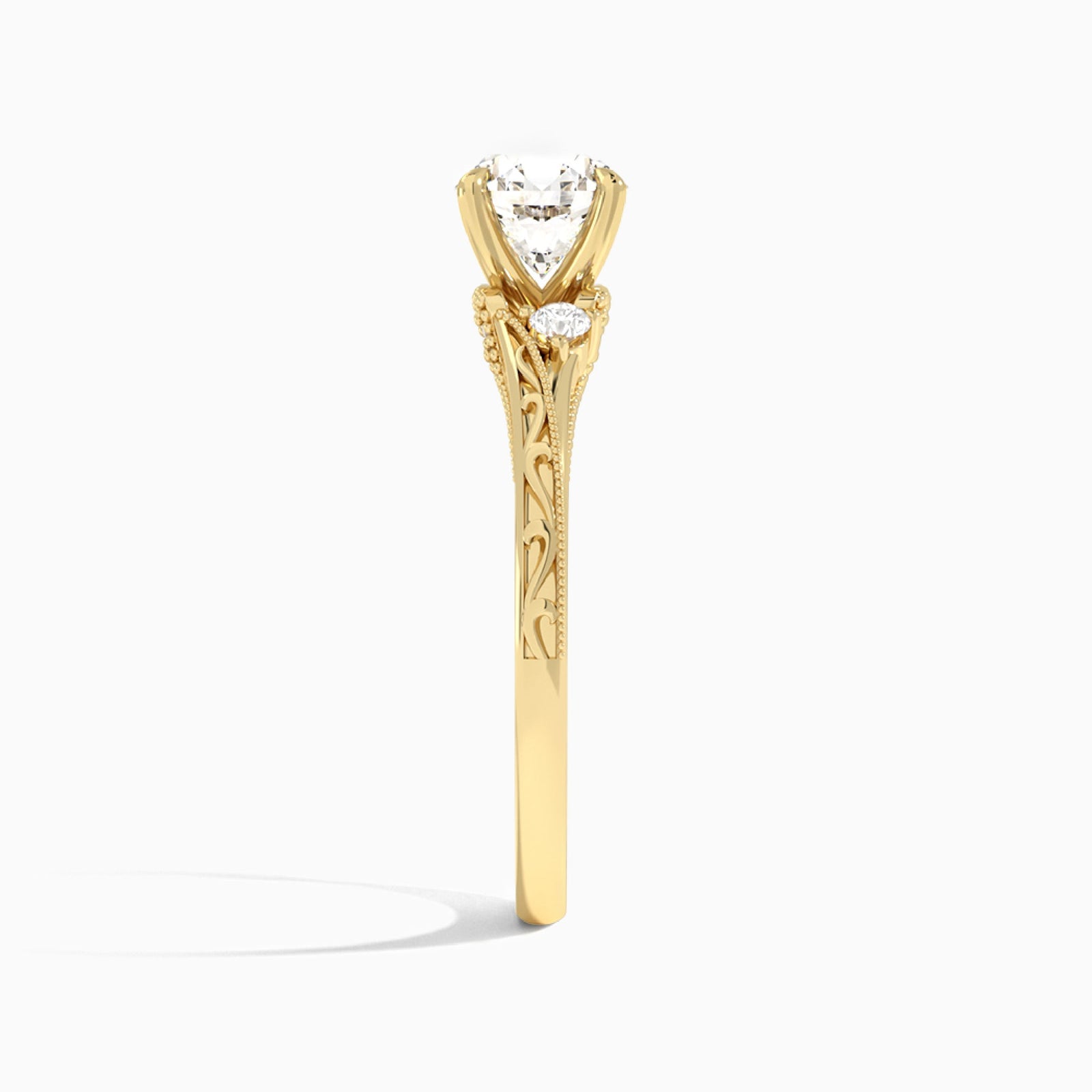 Round Capella Engraved Lab Diamond Engagement Ring In 18K Yellow Gold, Side View