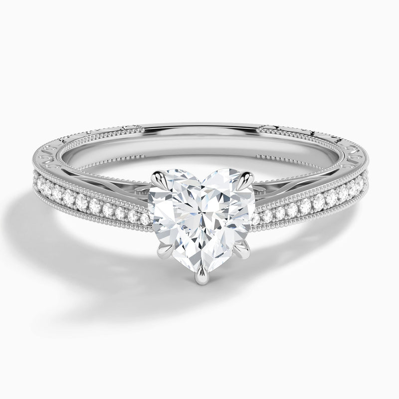 Heart Engraved And Pavé Lab Grown Diamond Engagement Ring In Platinum - Lucenjuri
