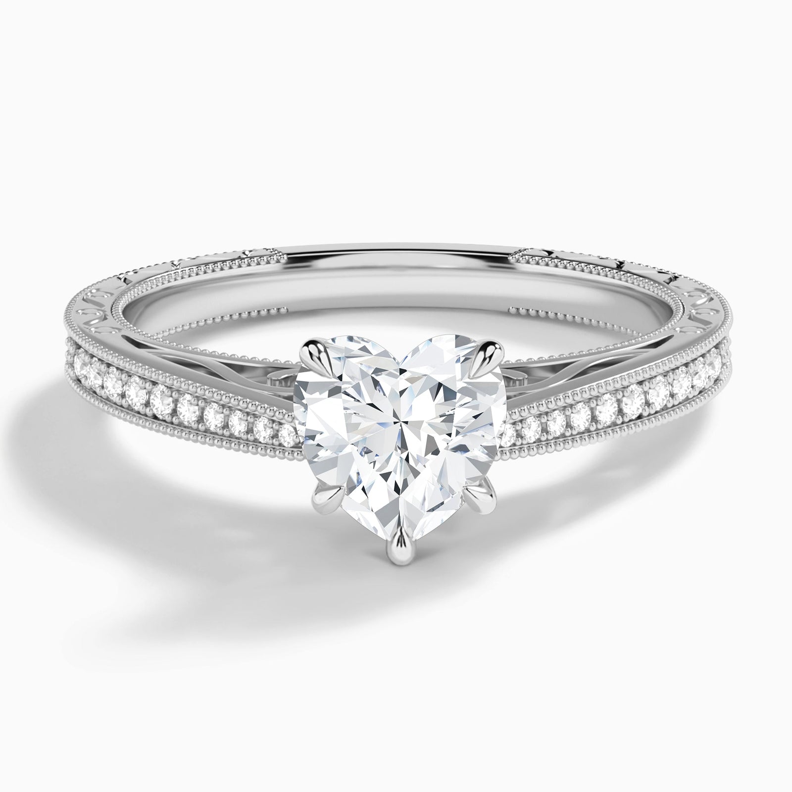 Heart Engraved And Pavé Lab Grown Diamond Engagement Ring In Platinum - Lucenjuri